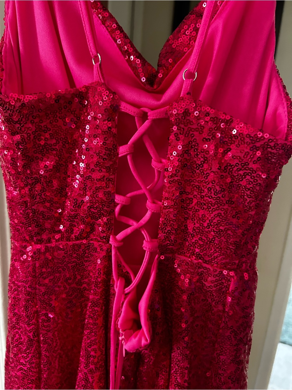 Sequin Spaghetti Strap Party Dress in Vibrant Hot pink - Picture 3 of 4